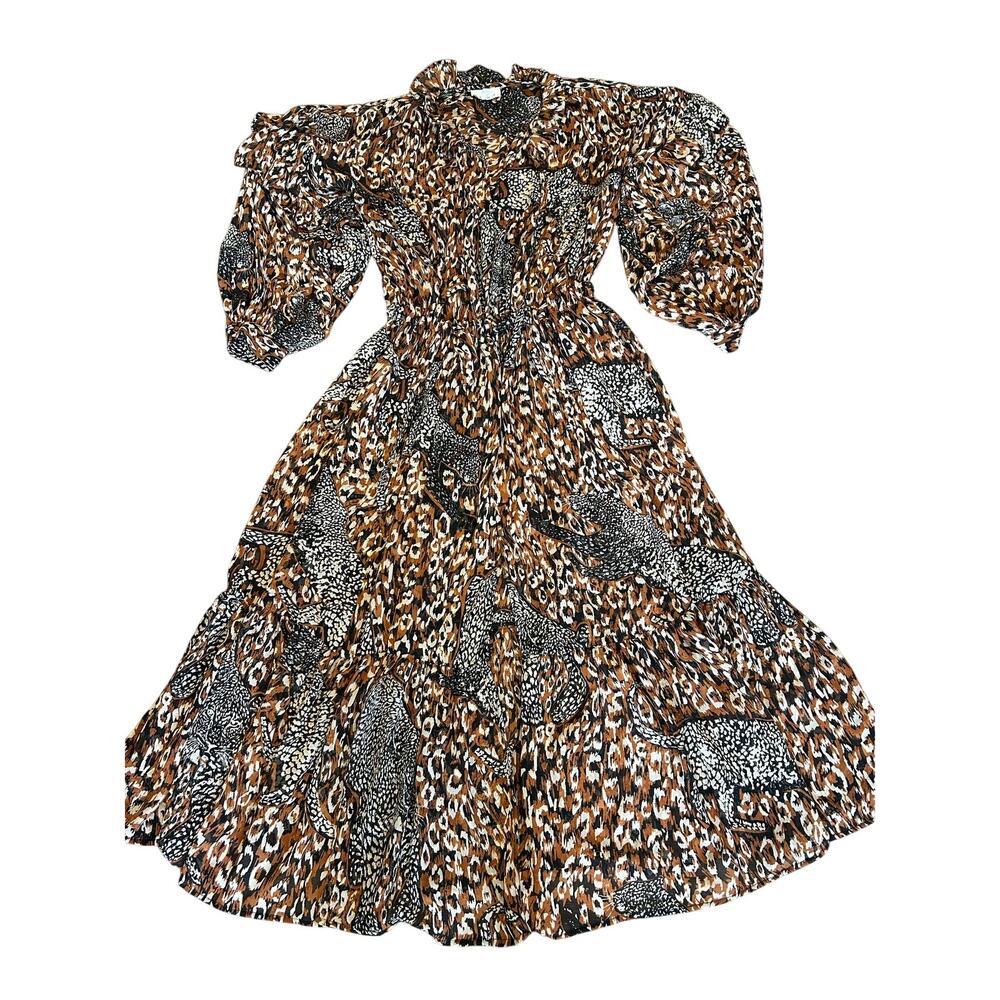 Topshop Sheer Leopard Print Maxi Dress UK 12 US 8 Tie Neck Balloon Sleeve Boho - Picture 3 of 7